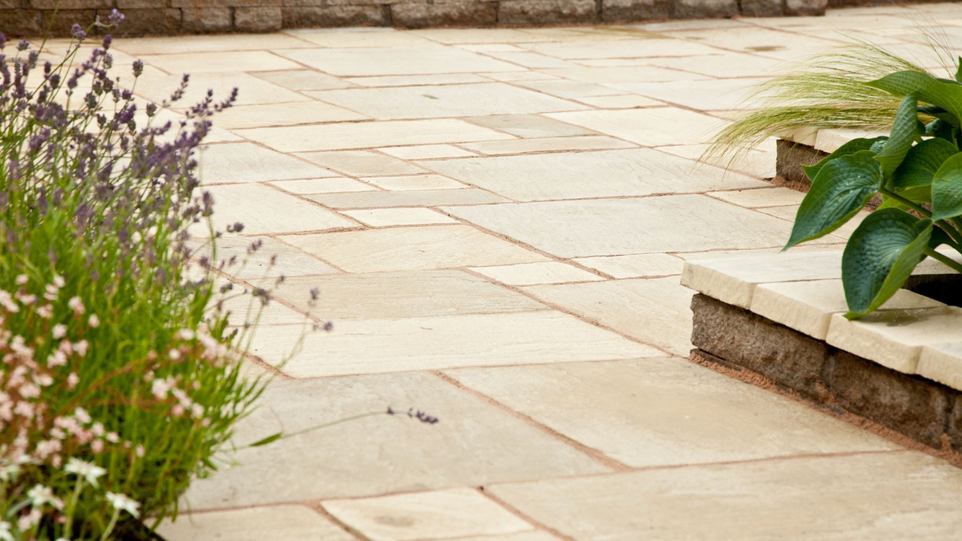 Stone patio with lavender and green plants, geometric tile design