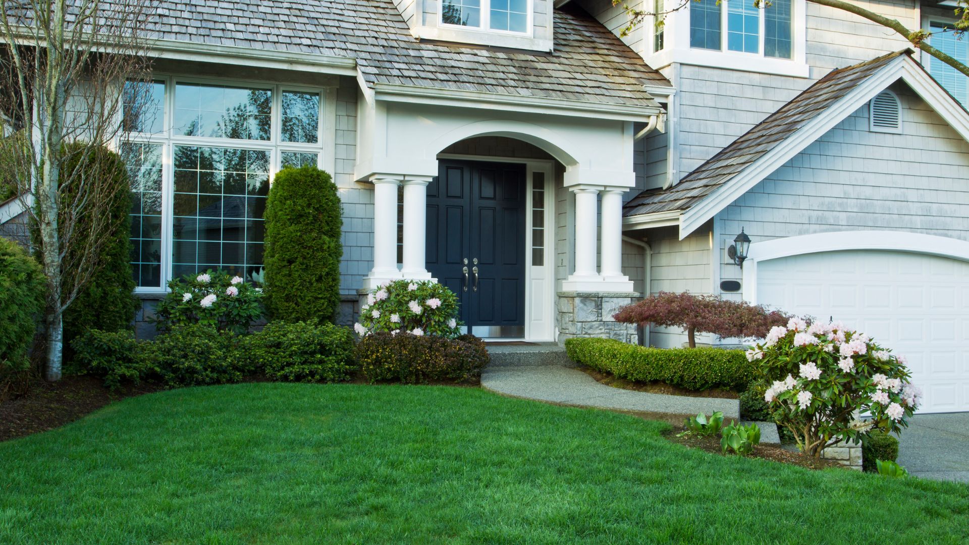 Well-maintained suburban house with manicured lawn and flowering shrubs